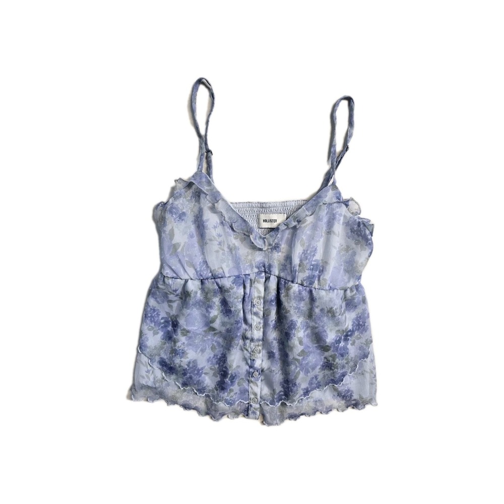 Hollister  Chiffon Baby Top Womens  Large  Blue Floral  Sleeveless Smocked